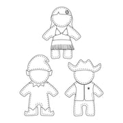 Black and white line art of three paper dolls with different hats on a white background