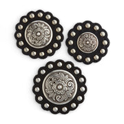 Scalloped Black Leather Conchos
