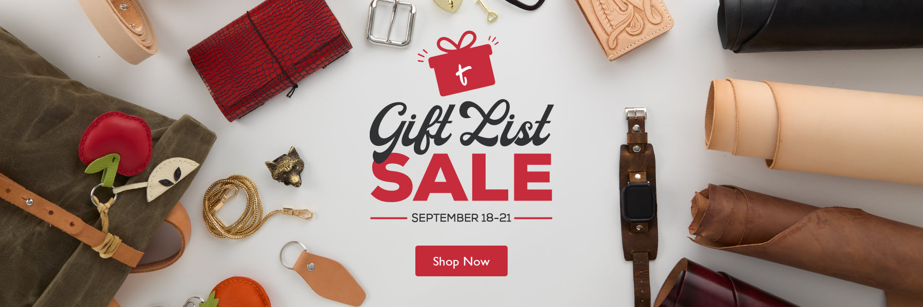 A promotional sale banner featuring a central 'Gift List SALE' text graphic with a red gift box icon and a red 'Shop Now' button, surrounded by assorted leather goods including rolled leather sheets, a brown leather strap, a dark red leather wallet, and other leather accessories arranged on a white background.